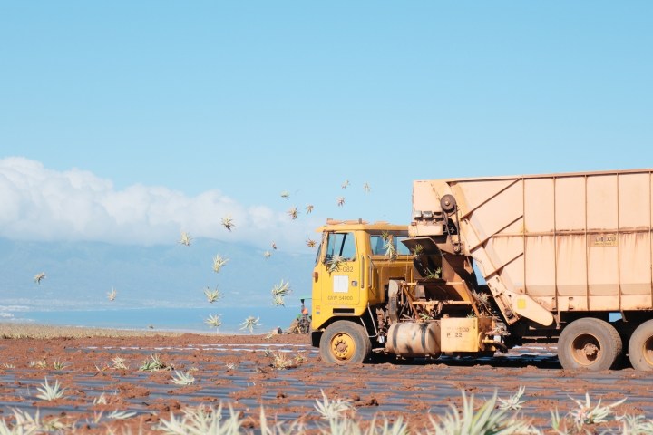 a truck driving down a dirt road