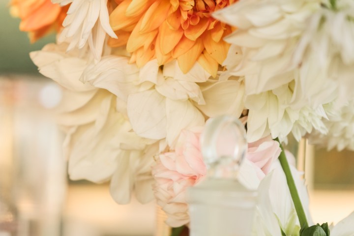 Close-up of orange and white dahlia flowers in a soft focus arrangement.