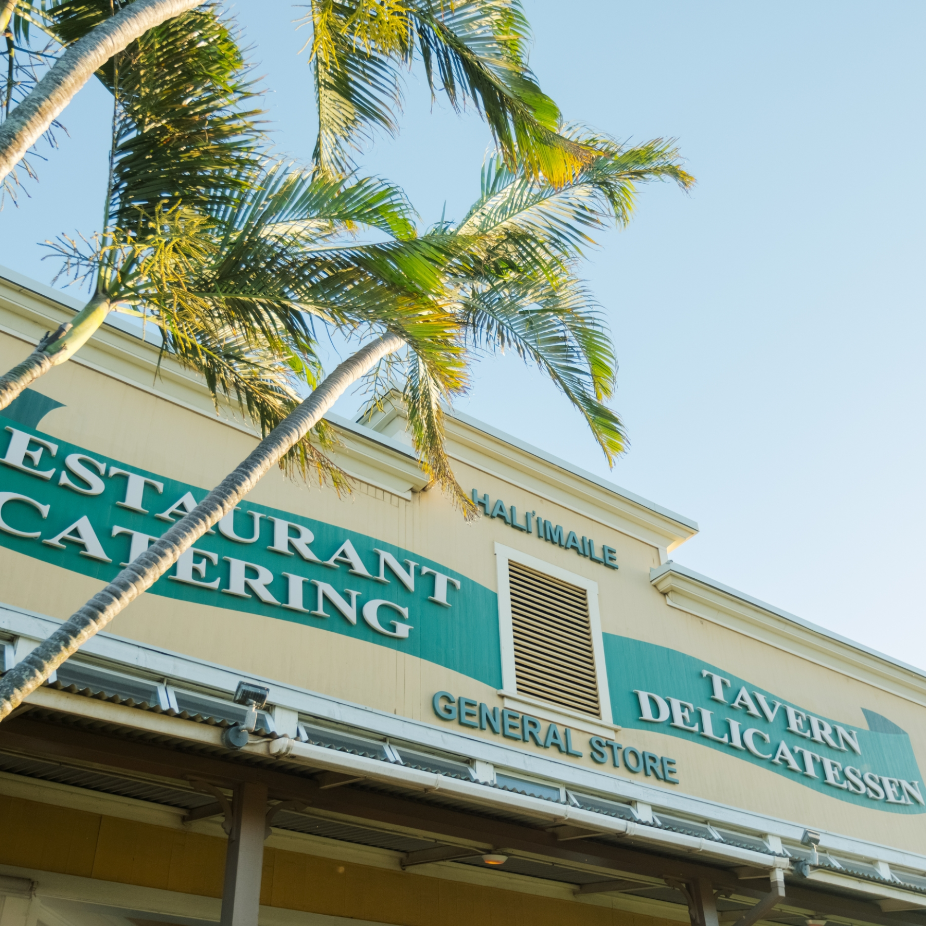 Building facade with palm trees, signs for restaurant, catering, tavern, delicatessen, general store.