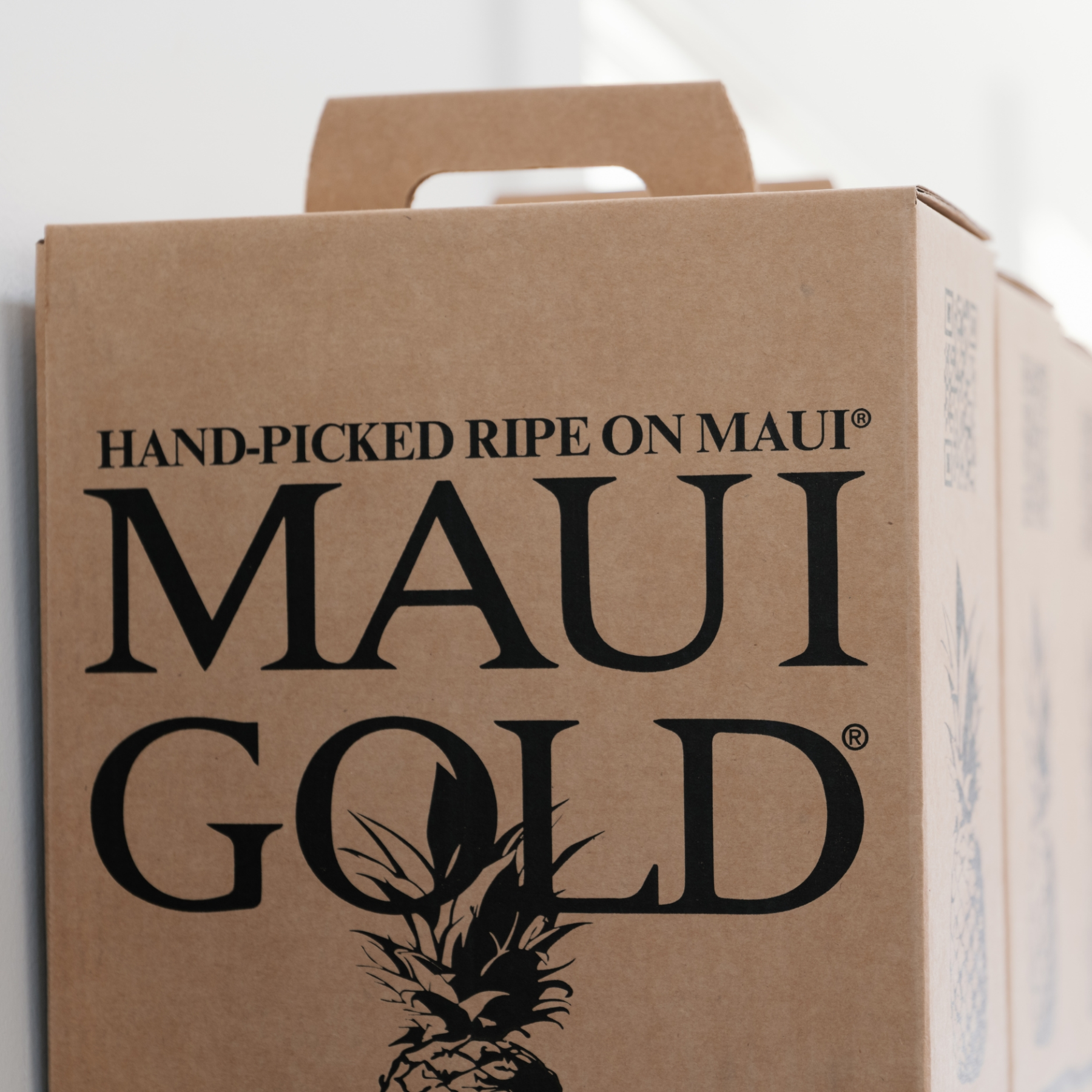 Cardboard box labeled 'Maui Gold' with a handle and pineapple graphic.