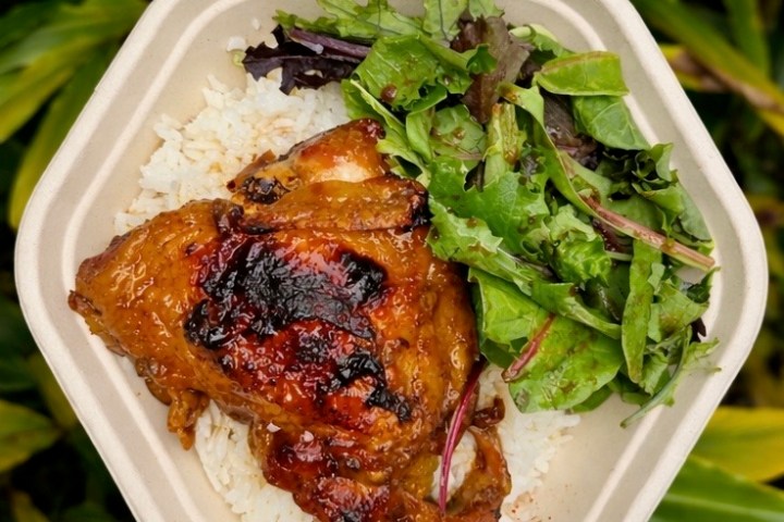 Grilled chicken on rice with mixed greens in a biodegradable container.