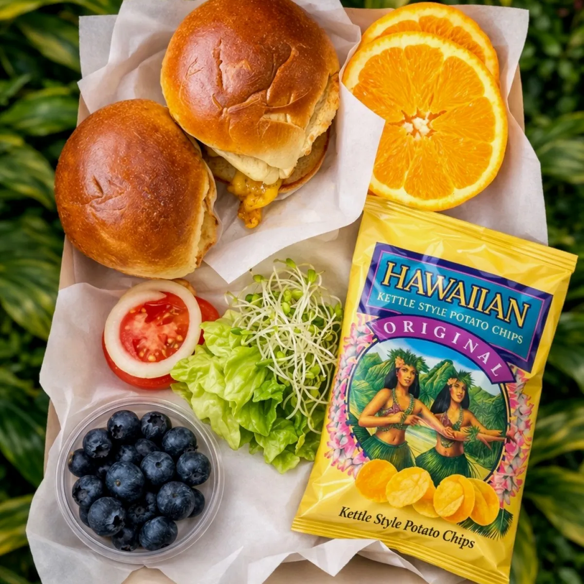 Lunch tray with sliders, orange slices, chips, blueberries, lettuce, tomato, and sprouts on a leafy background.