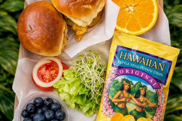 Lunch tray with sliders, orange slices, chips, blueberries, lettuce, tomato, and sprouts on a leafy background.